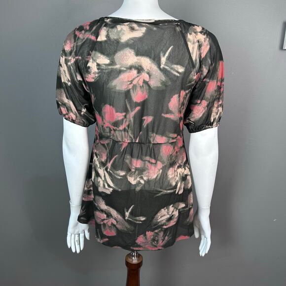 DKNY Top Small Short Sleeve Ruffle Floral Black whimsigoth grunge y2k gauzy pink - Picture 6 of 9